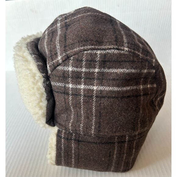 Stetson Trapper Winter Hat Brown Plaid Wool Blend Faux Sherpa Fur Lined One Size - Picture 7 of 8